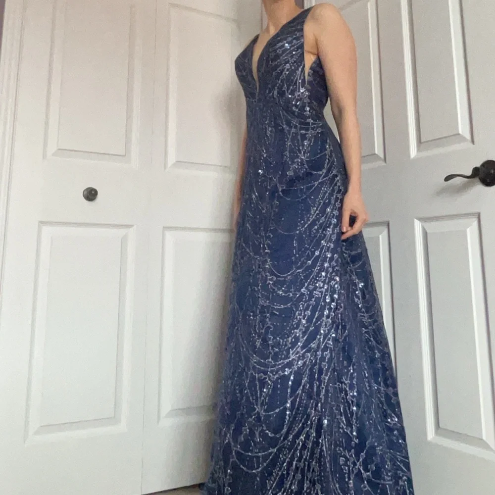 Full Length Navy Glitter Tulle and Satin Gown - Picture 12 of 15